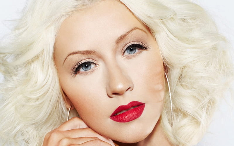 Christina Aguilera, red, artist, music, woman, singer, girl, beauty, face, blue eyes, white, HD wallpaper
