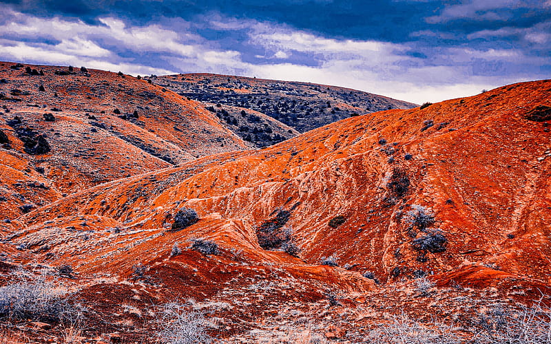 Colorful fields of Yeranos mountain range, Armenia, clouds, sky, landscape, rocks, red, stones, HD wallpaper