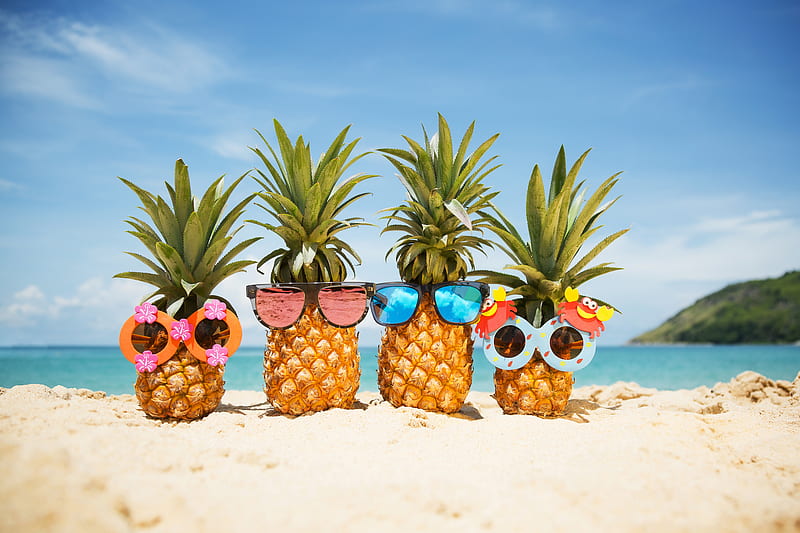 Fruits, Pineapple, beach, Sunglasses, HD wallpaper