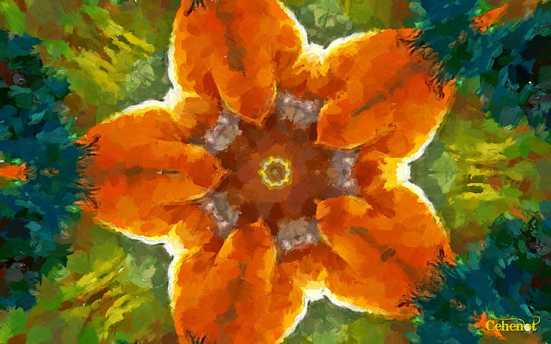 Carnivorous, art, orange, by cehenot, abstract, green, texture, painting, flower, pictura, HD wallpaper