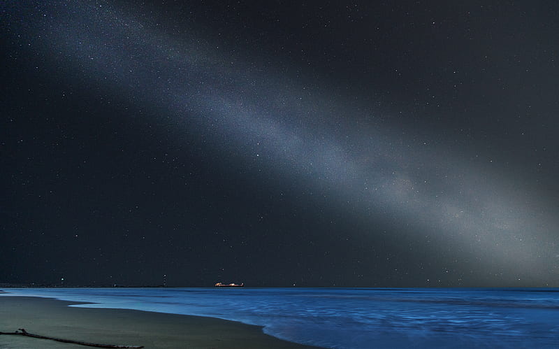 sea, beach, night, starry sky, dark, HD wallpaper