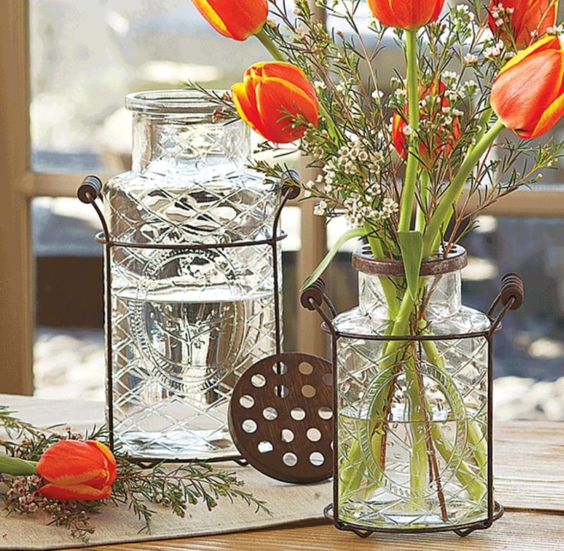 •✿•, window, orange, clear, interior, flowers arrangements, home decoration, vases, flowers, tulips, HD wallpaper