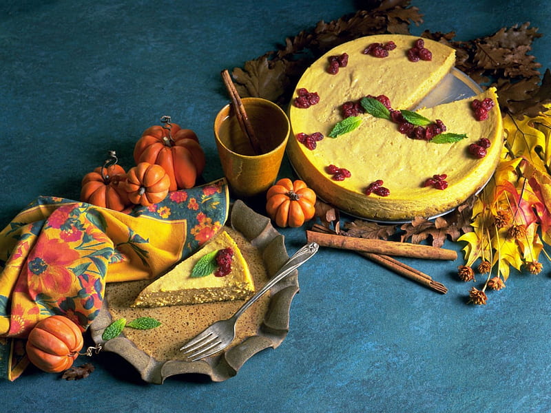 Pumpkin cake, cake, autumn, orange, food, halloween, yellow, sweet, dessert, pumpkin, blue, HD wallpaper
