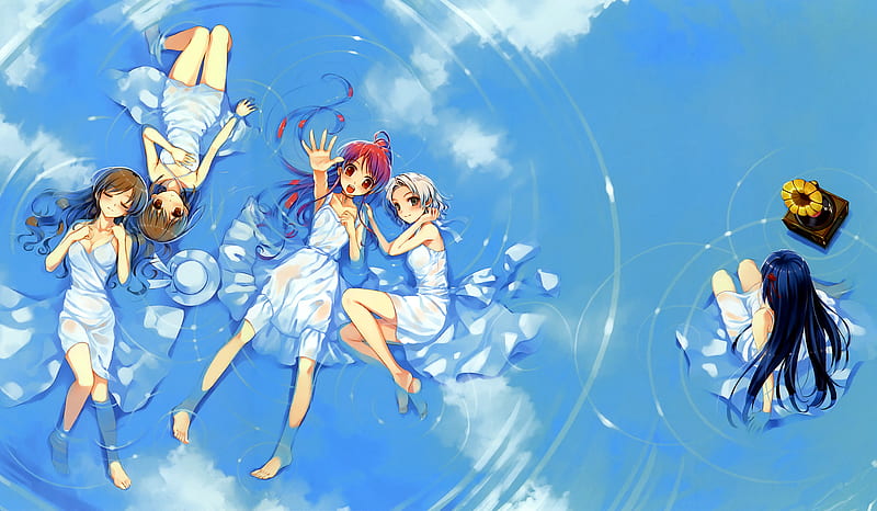 Floating, wet, anime girls, blonde, red hair, clouds, pure white wings, brunette, water, cute anime girls, girls, reflection, deep blue sky, petite, HD wallpaper