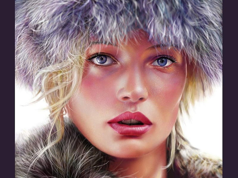 Sexy Russian Girl, pretty, mouth, blue-gray eyes, woman, lips, sexy, hat, girl, face, fur, HD wallpaper