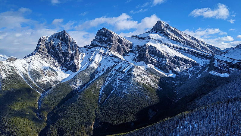 Three Sisters in Canmore, Alberta, sky, canada, snow, peaks, clouds, HD wallpaper