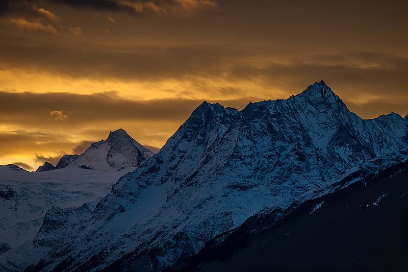 Sunset over the Swiss Alps, alpok, hegyek, svajc, sunset, csucs, HD wallpaper