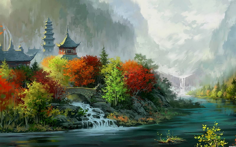 Japan painting, mountain, art, tree, japan, painting, flower, river, castle, HD wallpaper