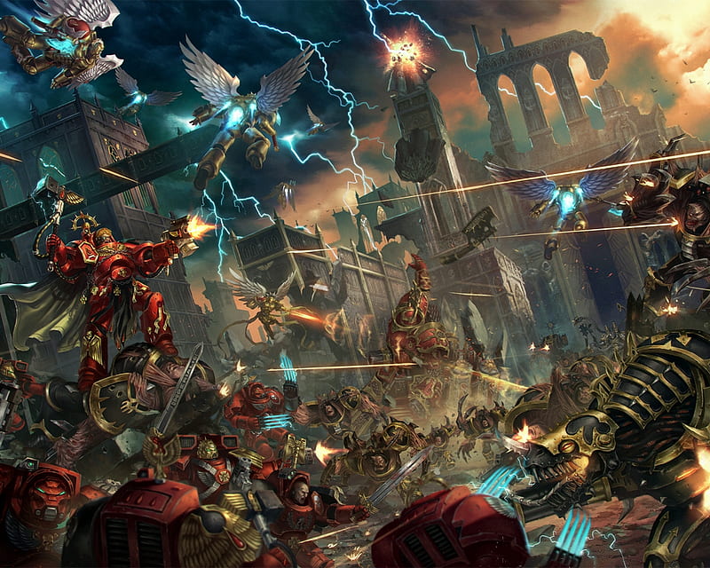 Imperium vs Chaos, battle, chaos, imperium, warhammer 40k, HD wallpaper