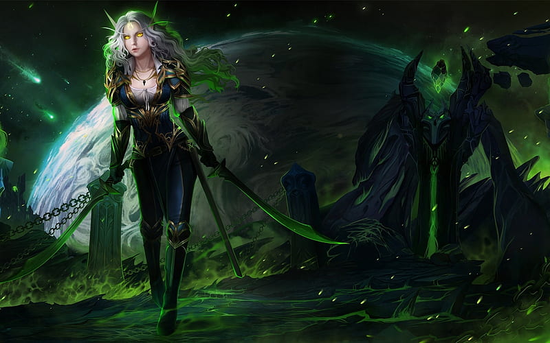 Arrival on Argus, fantasy, luminos, green, girl, arcan anzas, sword, HD wallpaper