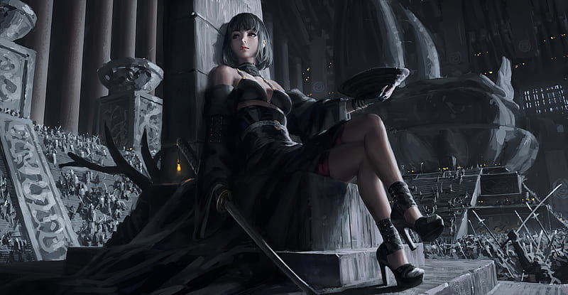 Black Dress Queen Sitting On Cemented Throne, artist, artwork, artstation, HD wallpaper
