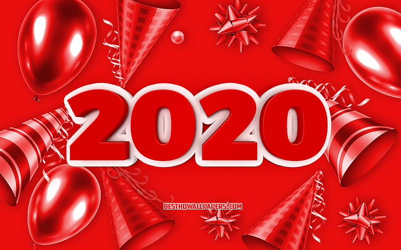 2020 3d background, Happy New Year 2020, Red 2020 background, greeting card, Red 2020 balloons background, 2020 concepts, 2020 New Year, HD wallpaper