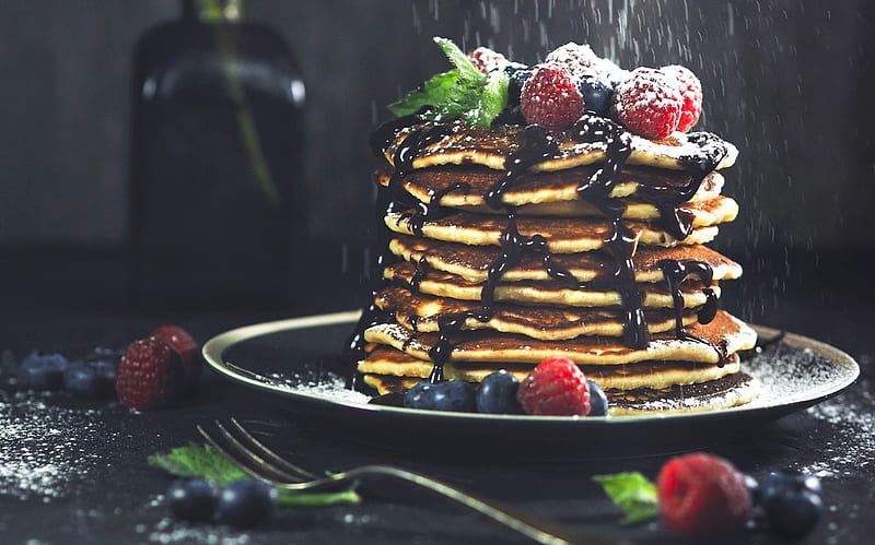Food, Pancake, Blueberry, Breakfast, Raspberry, Still Life, HD wallpaper