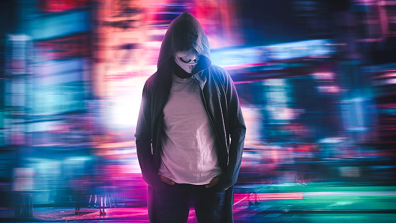 masked man, anonymous, hoodie, hacker, neon city, Men, HD wallpaper