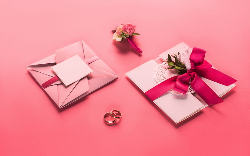 wedding invitation, pink background, wedding concepts, original design, wedding rings, pink silk bow, HD wallpaper