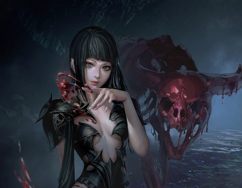 Demoness, red, fantasy, demon, girl, young il choi, dark, blood, HD wallpaper