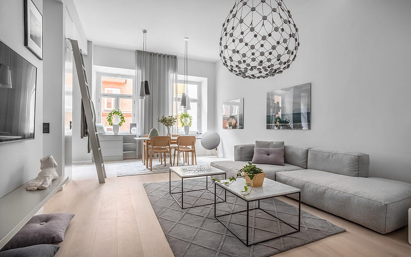 gray room, dining room, living room, gray furniture, modern interiors, modern design, HD wallpaper