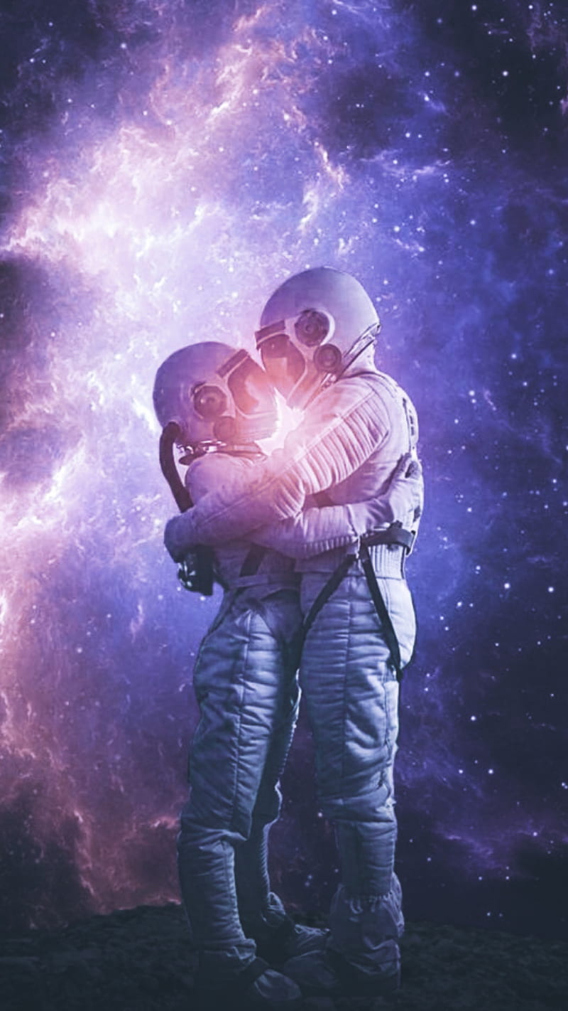 Astronaut love , astronauts, bonito, couple, cute, galaxy, glow, moon, space, HD phone wallpaper
