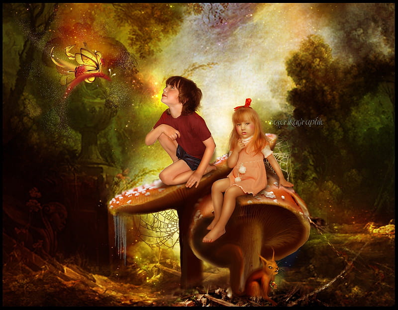 ✼.Sitting on the Mushroom.✼, pretty, grass, woods, mushroom, bonito, digital art, leaves, fantasy, butterfly, manipulation, flowers, forests, childs, girls, animals, female, wings, male, models, lovely, colors, butterflies, trees, cute, boy, cool, plants, flying, sitting, HD wallpaper