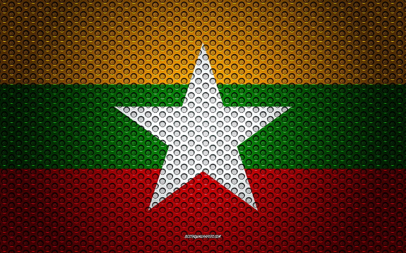 Flag of Myanmar creative art, metal mesh texture, Myanmar flag, national symbol, Myanmar, Asia, flags of Asian countries, HD wallpaper