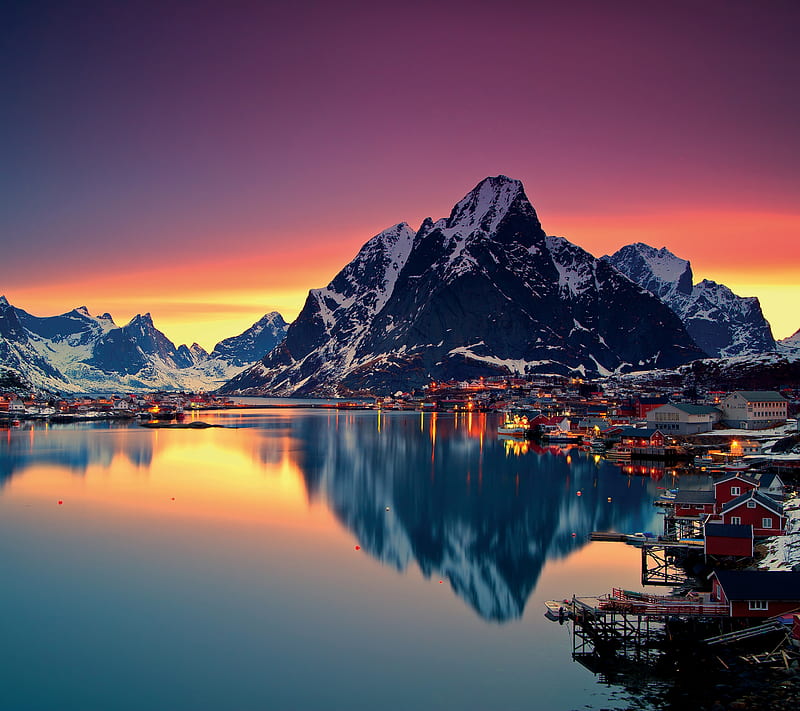 Scenery, lake, mountain, snow, village, water, winter, HD wallpaper