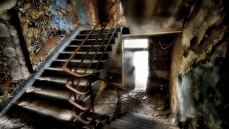 stairwell in an abandoned building r, building, peeling, railing, stairs, r, abandoned, HD wallpaper