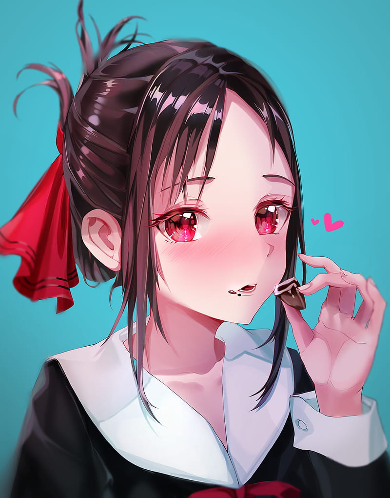 shinomiya kaguya, eating dessert, blushy, brown hair, ribbon, kaguya-sama wa kokurasetai, Anime, HD phone wallpaper