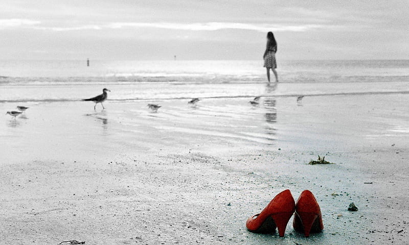 Red shoes, red, art, silence, duotone, abstract, sea, beach, graphy, wp, girl, bw, endless, shoes, HD wallpaper