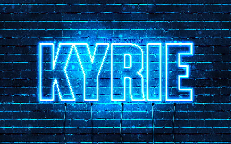 Kyrie with names, horizontal text, Kyrie name, blue neon lights, with Kyrie name, HD wallpaper