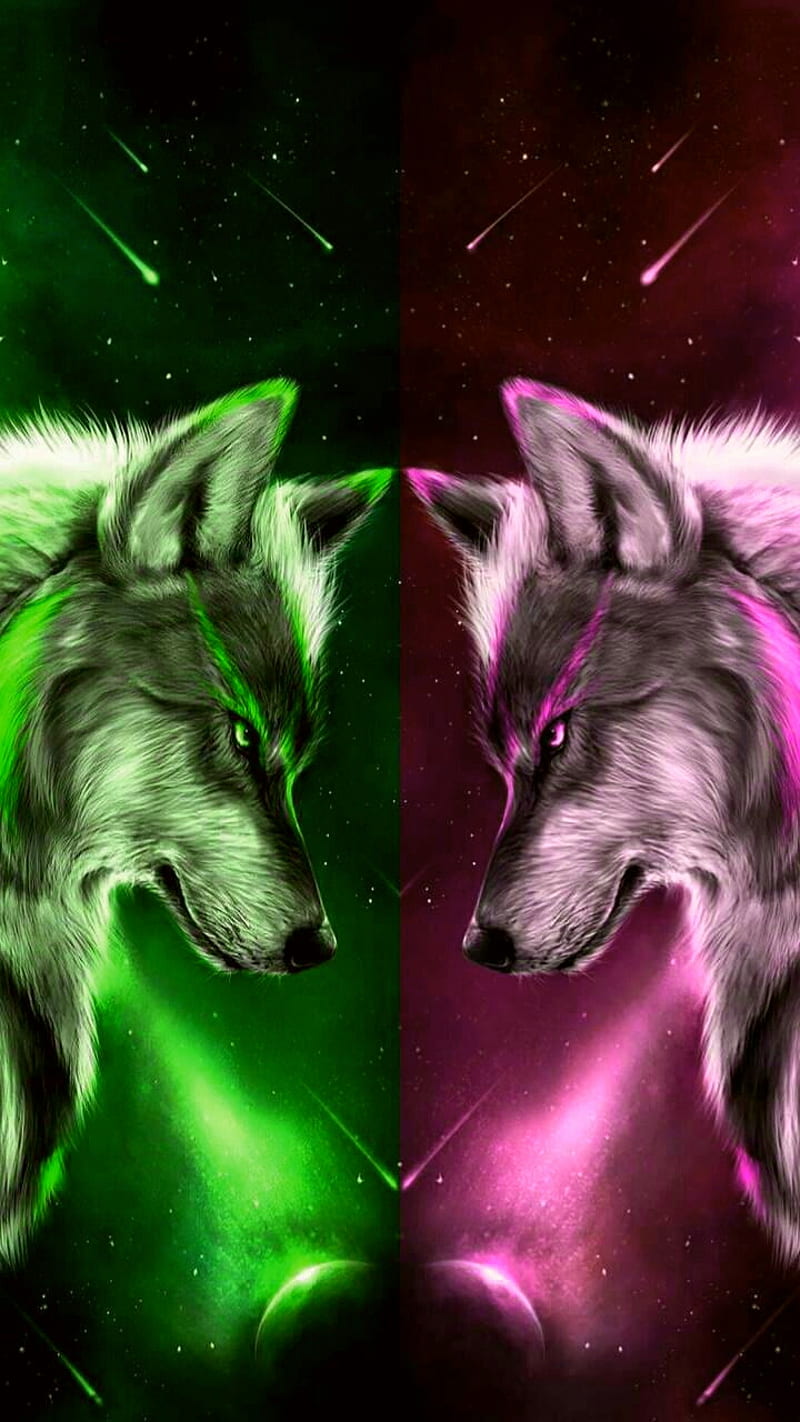 Wolves11, wolf, wolves, green, pink, neon, HD phone wallpaper