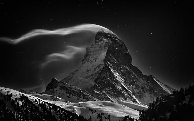 stars over a windy matterhorn, mountain, stars, wind, black and white, clouds, HD wallpaper