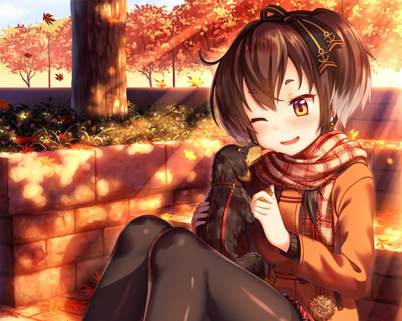 Puppy ^^, pretty, blush, bonito, adorable, sweet, nice, anime, love, beauty, anime girl, dog, puppy, female, lovely, brown hair, shadow, bench, park, happy, short hair, tree, shades, girl, blushing, scene, HD wallpaper