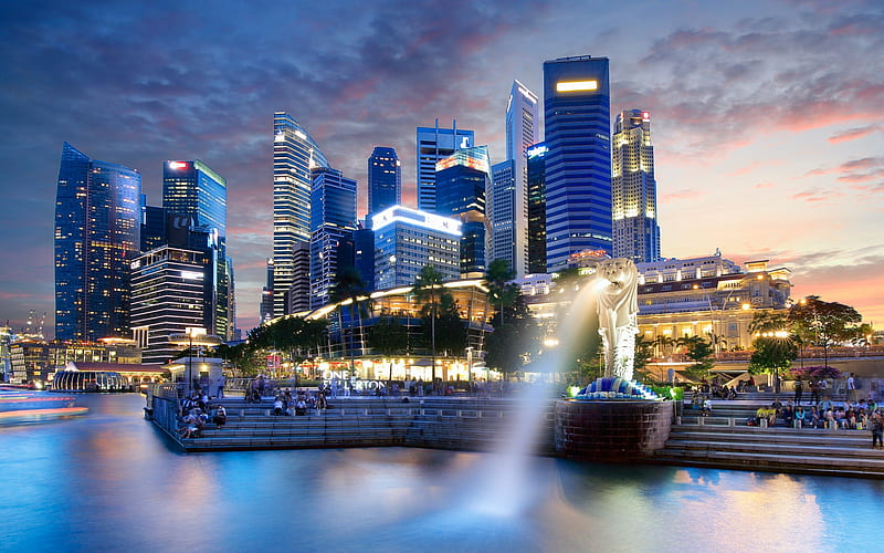 Singapore, evening, skyscrapers, fountains, modern buildings, Singapore cityscape, Asia, HD wallpaper