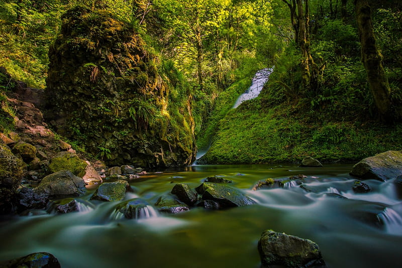 Idyllic Waterfall, rocks, water, River, mountains, trees, HD wallpaper