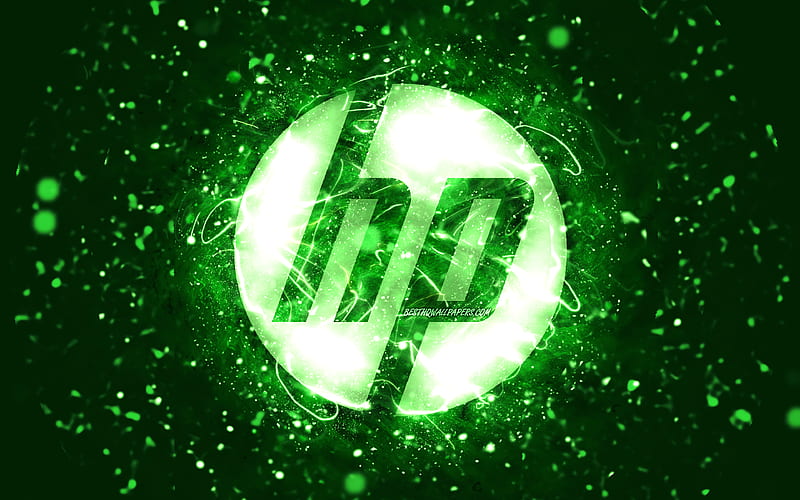 HP green logo green neon lights, creative, Hewlett-Packard logo, green abstract background, HP logo, Hewlett-Packard, HP, HD wallpaper
