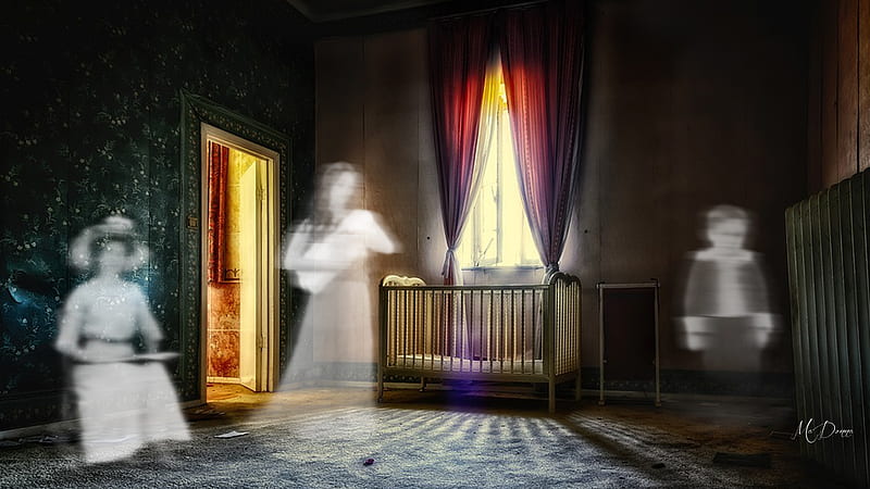 Ghostly Nursery, death, house, ghosts, window, sad, crib, Halloween, baby, spirits, HD wallpaper