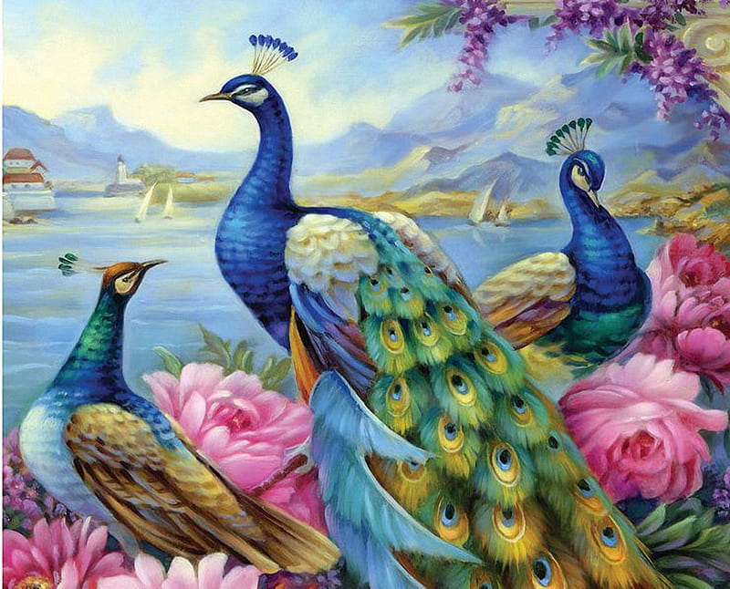 Peacocks, mountains, ains, birds, flowers, blossoms, painting, feathers, lake, HD wallpaper