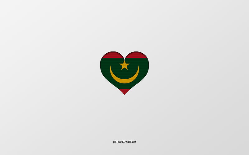 I Love Mauritania, Africa countries, Mauritania, gray background, Mauritania flag heart, favorite country, Love Mauritania, HD wallpaper