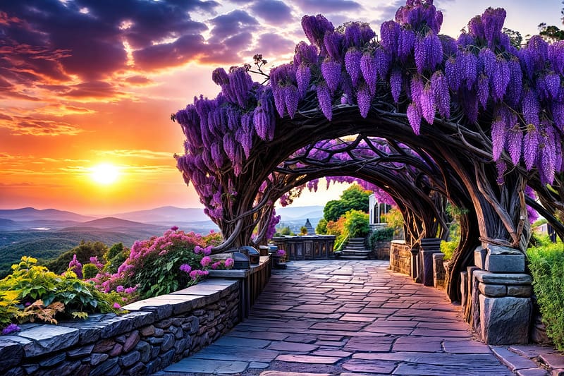 Arch of purple wisteria, alley, summer, beautiful, wisteria, spring, sunrise, flower, walk, wildflowers, sunset, purple, garden, view, arch, HD wallpaper