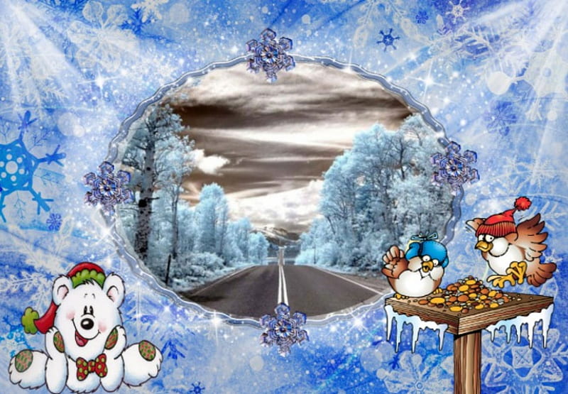 A winter drive, winters feed, snow, bear, birds, bird stand, road, trees, HD wallpaper