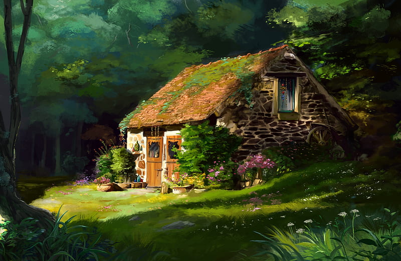 Cottage, house, alicja siemiatkowska, witch, art, fantasy, HD wallpaper