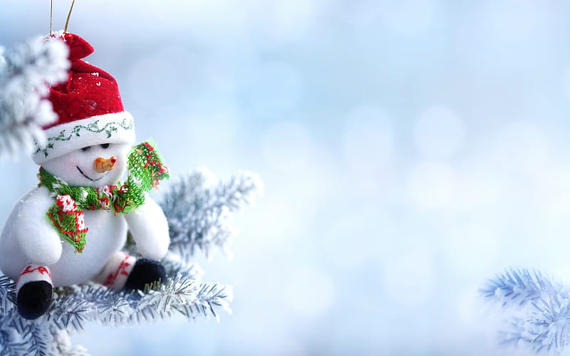 snowman, winter, Santa Claus hat, Christmas, snow, HD wallpaper