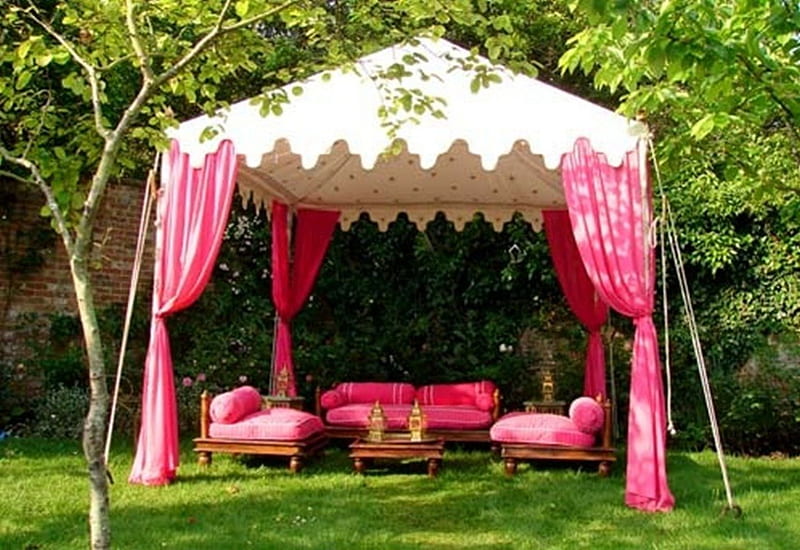 romantic patio, green, grass, garden, trees, arbor, pink, HD wallpaper