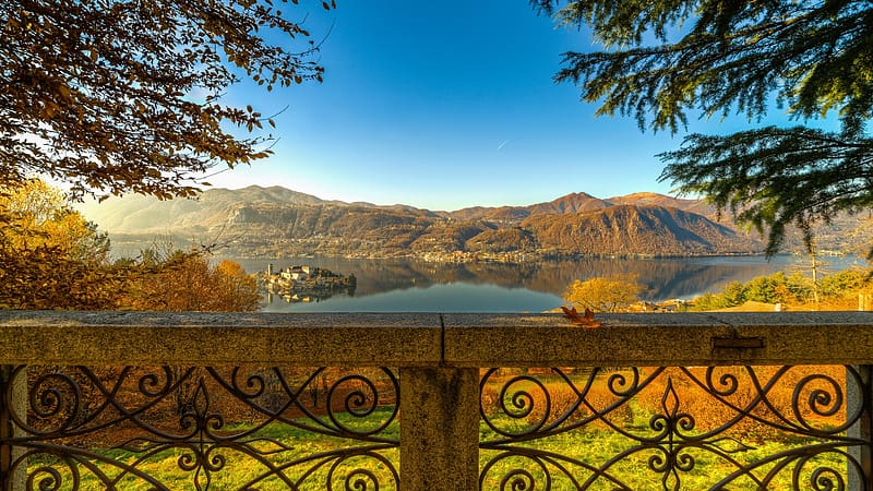 Lake Orta, Isola San Giulio, Piedmont, Italy, trees, hills, water, stones, landscape, HD wallpaper