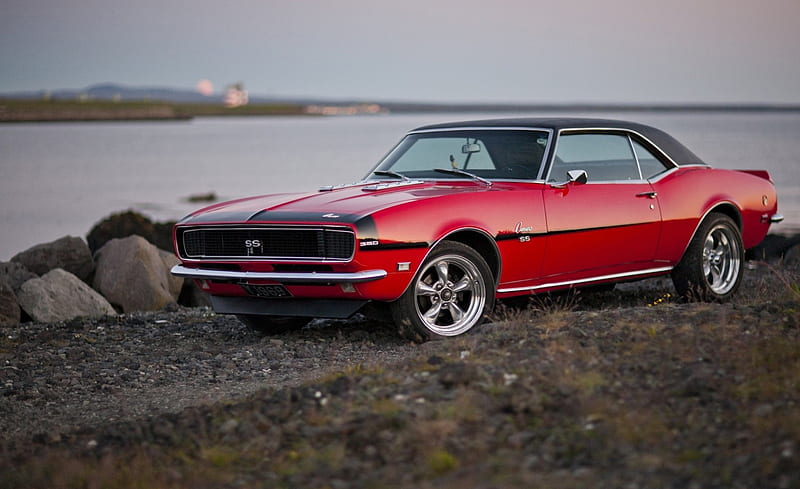 1968-Chevrolet-Camaro-RS-SS, Classic, Vinly Roof, Red, Bowtie, HD wallpaper