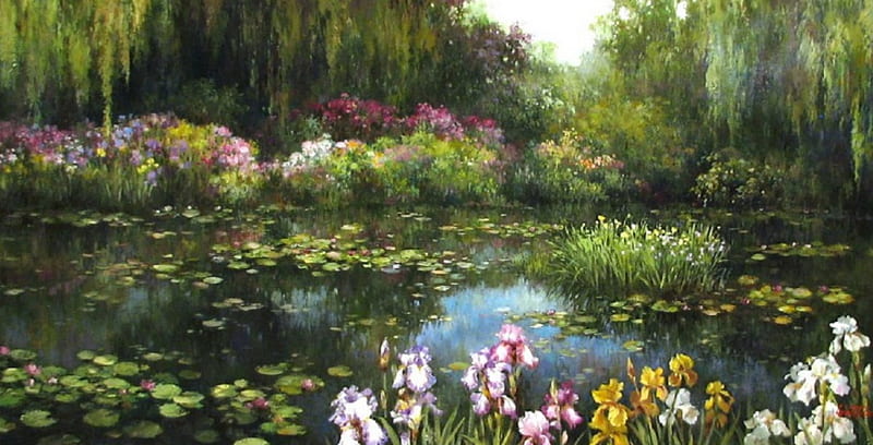 Iris Pond, pond, painting, garden, irises, nature, HD wallpaper