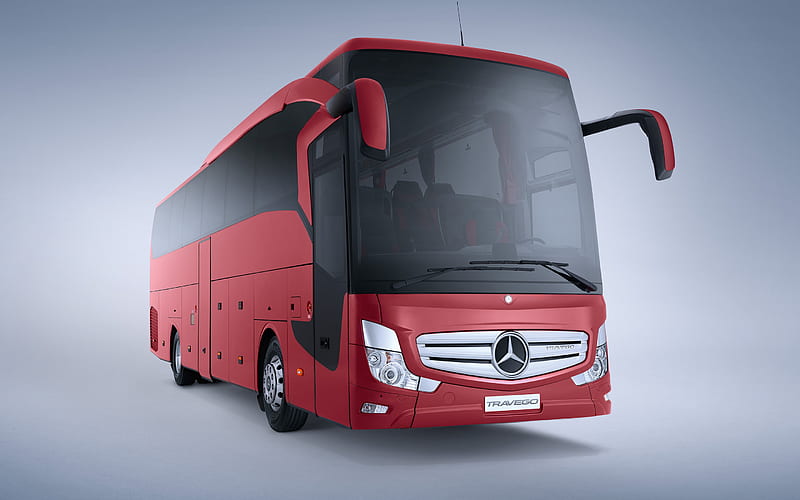 Mercedes-Benz Travego, 2021, passenger bus, exterior, front view, new red, German buses, Mercedes, HD wallpaper