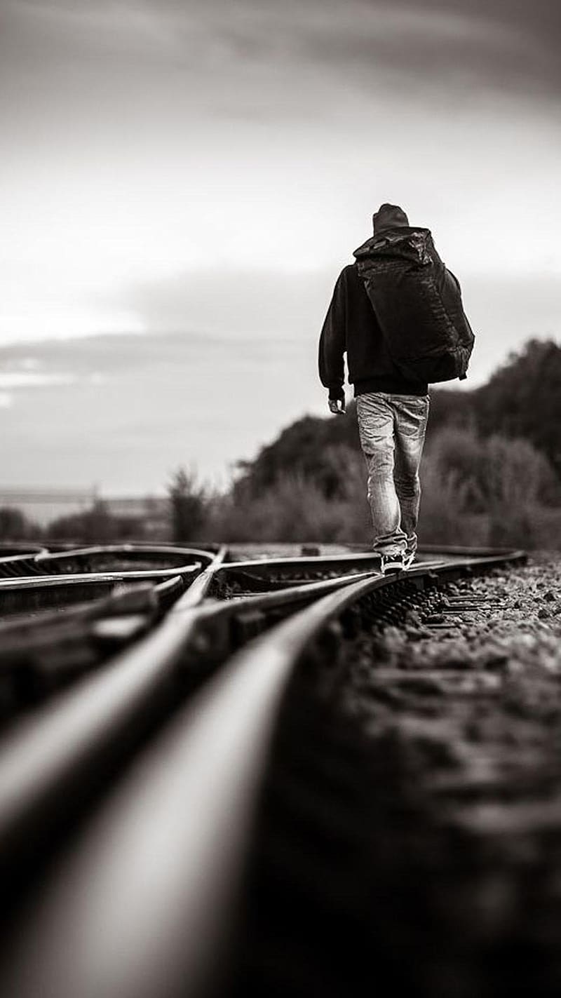 Alone Boy, Railway Track, walking, bag, HD phone wallpaper