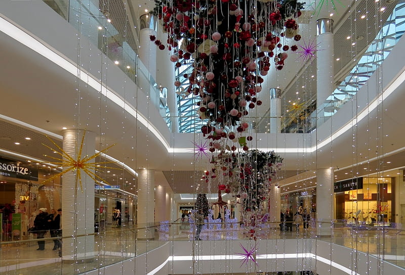Shopping Mall Christmas Decoration, Hanging, Decoration, Ribbons, Baubles, Balloons, HD wallpaper