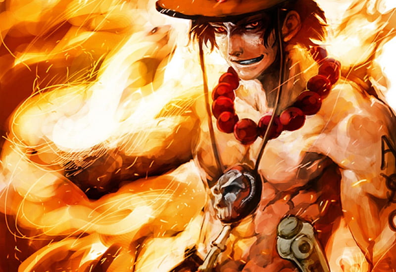 Portgas D. Ace, male, necklace, orange eyes, shirtless, portgas d ace, one piece, ace, hat, fire, flames, anime, beads, HD wallpaper